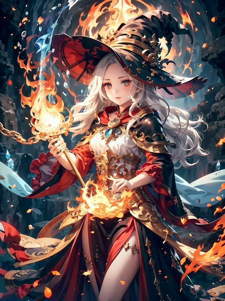 (masterpiece), best quality, Very detailed, A Magus girl with white hair holdding a magical，Fire Magic，Big fireball，Flame Wall， Witch Hat, Ruffled skirt, Red and black clothing, Holding a magic wand, Magic lights, 