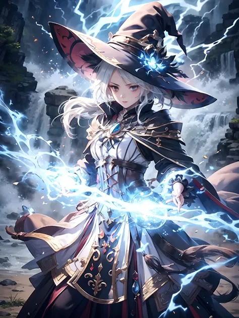 (masterpiece), best quality, very detailed, a magus girl with white hair holdding a magical，electric magic，electrical arcs，light...