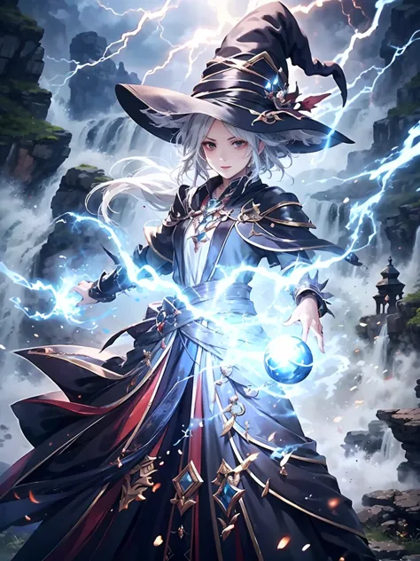 (masterpiece), best quality, very detailed, a magus girl with white hair holdding a magical，electric magic，electrical arcs，light...