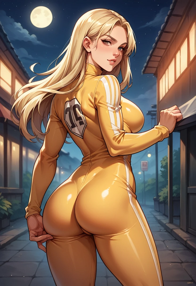 score_9, score_8_up, score_7_up, BREAK, score_9, Kill Bill style, blonde hair, long hair, straight hair, kill bill outfit, yellow bikesuit with black stripe, looking at viewer, cowboy shot, ass, from behind, night, street