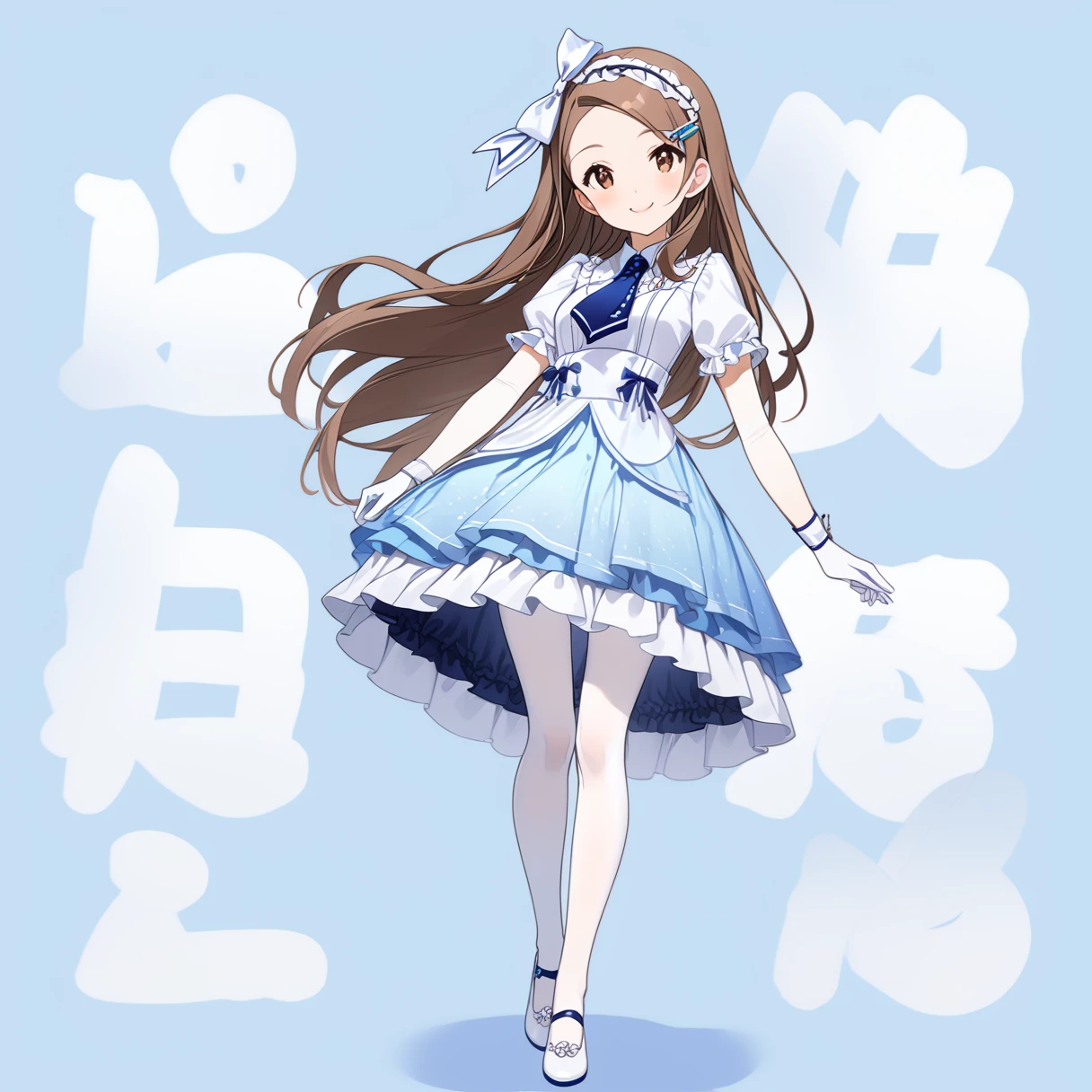 (Full Body Shot:1.5), (Standing), 
(masterpiece), (Highest quality), (High resolution), (Very detailed), (Best illustrations), Best Shadow, (so beautiful:0.9), (very cute), 

(Minase Iori),  girl, 
Dark brown hair, Long Hair, amount, Hair Clip, Brown eyes, hair band, 
smile, Shyness, Pitiful, 
Small breasts, Round Breasts, Iris, round face, 

Perfect limbs, Perfect Anatomy, Thin legs, Five perfect fingers, Big eyes, Iris, (slender), Tight waist, 
Delicate and smooth skin, Beautiful Skin, Textured skin, Attractive body, 
smile, 恥ずかしそうなsmile, 
 
(White and blue girly dress), Frills, ribbon, (Blue tie), (A transparent white shirt), (Blue and white checkered pleated skirt), 
White cotton socks,(White Pantyhose), Knee-high socks, Pink heels, 

(Blue background:2.0), (Blue Studio), 

(from the front), 