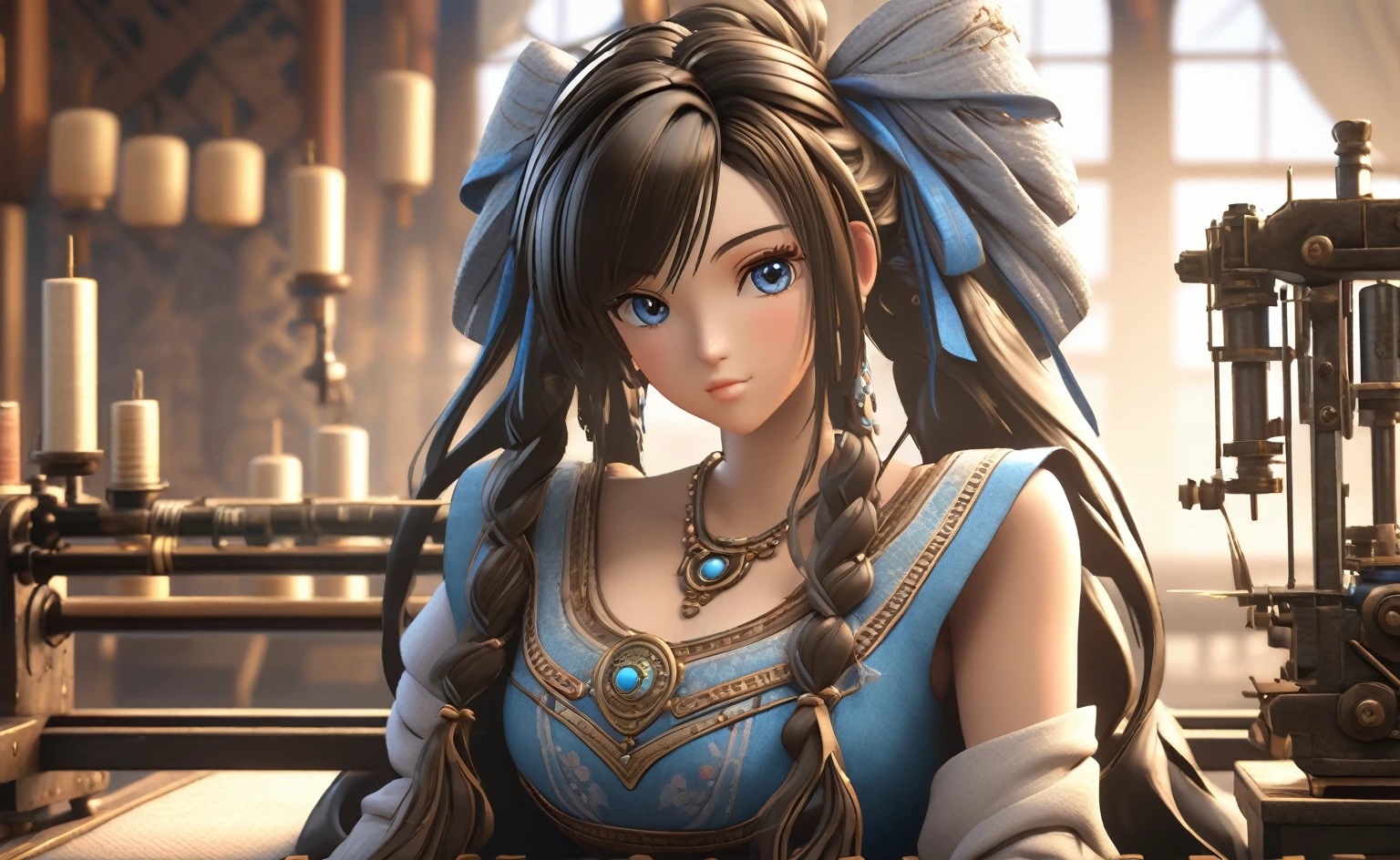 a poor woman named mai valentine, 2, sitting in front of a stitching machine, ancient times, well clothed, 3d, realistic anime character, extremely detailed face and eyes, intricate details, photorealistic, cinematic lighting, dramatic shadows, beautiful blue eyes, delicate facial features, elegant hairstyle, detailed clothing, warm colors, masterpiece, 8k