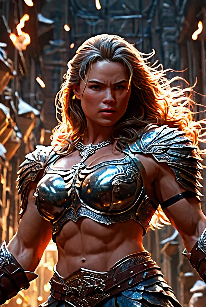 a powerful, (big muscle body:1.7) female, warrior in a dynamic battle pose, long flowing hair, fierce expression, intricate armo...