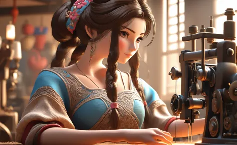 a poor woman named mai valentine, 2, working on a  stitching machine, ancient times, well clothed, 3d, realistic anime character...