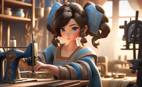 a poor woman named mai valentine, 2, working on a  stitching machine, ancient times, well clothed, 3d, realistic anime character...