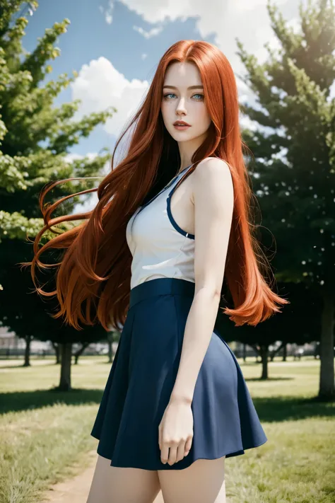 a one woman, long straight red hair, of the whole glass, perfectbody, muslos grandes, blue colored eyes, freckles on the face, f...