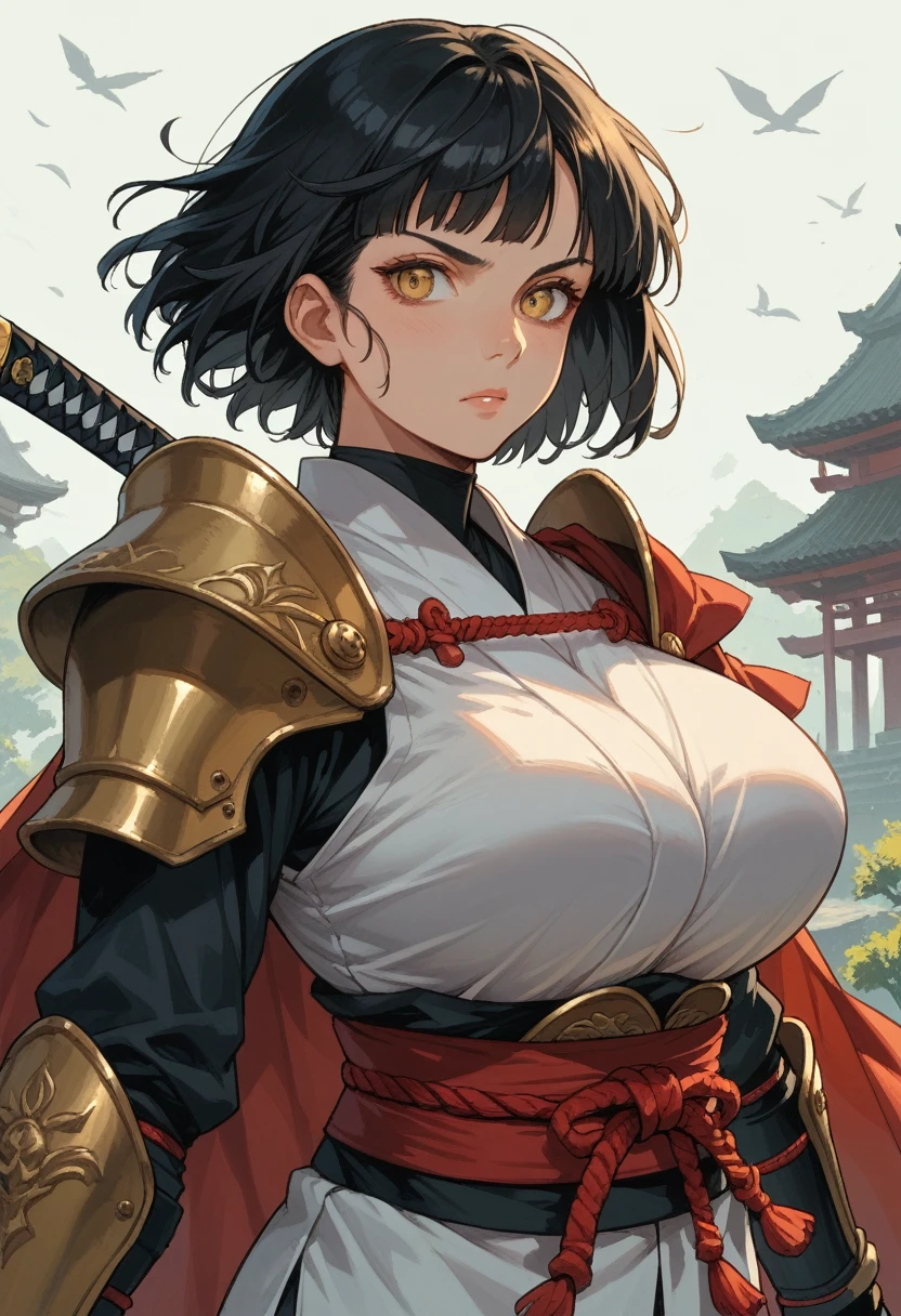 female, solo, cape, large breasts, massive breasts, armor, katana, samurai, black hair, short hair, yellow eyes, armor