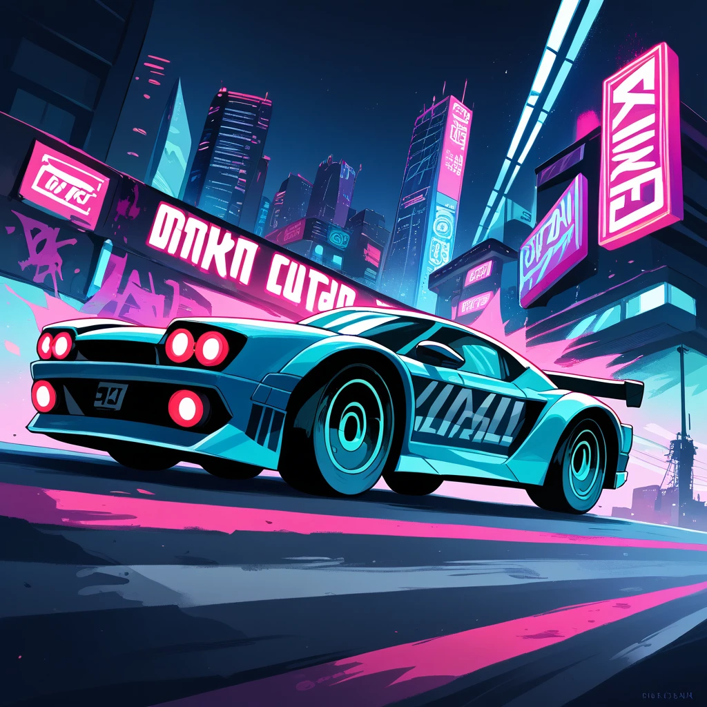 A medium quality digital artwork of a racing car featuring a "FED UP" decal, influenced by the punk rock style of "A-Punk," with a futuristic touch inspired by the artist Lorsha. Abstract, vibrant colors, dynamic composition, graffiti art, cyberpunk aesthetic, neon lights, stylized, digital painting, speed lines, edgy.