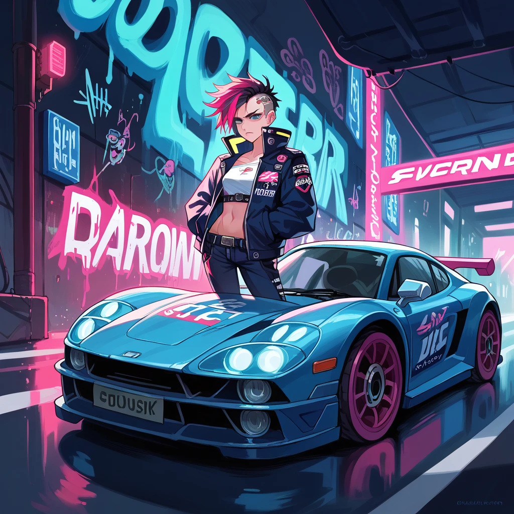 A medium quality digital artwork of a racing car featuring a "FED UP" decal, influenced by the punk rock style of "A-Punk," with a futuristic touch inspired by the artist Lorsha. Abstract, vibrant colors, dynamic composition, graffiti art, cyberpunk aesthetic, neon lights, stylized, digital painting, speed lines, edgy.