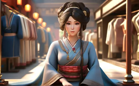 a poor woman named mai valentine, 2, sat in a cloth shop, ancient times, well clothed, 3d, realistic anime character, extremely ...