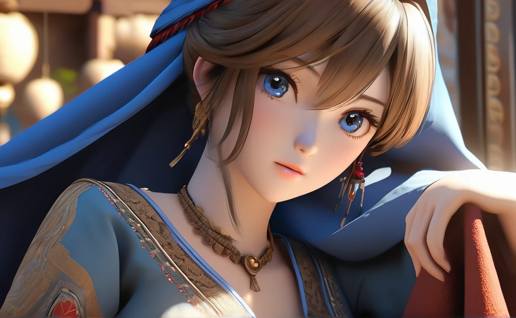 a poor woman named mai valentine, 2, steching clothes , ancient times, well clothed, 3d, realistic anime character, extremely detailed face and eyes, intricate details, photorealistic, cinematic lighting, dramatic shadows, beautiful blue eyes, delicate facial features, elegant hairstyle, detailed clothing, warm colors, masterpiece, 8k