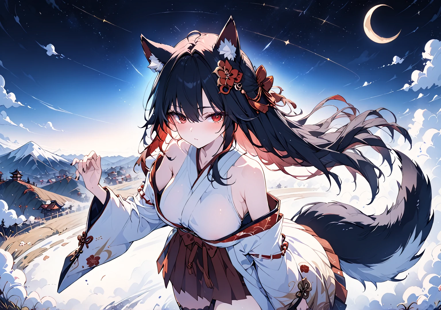 best quality, hyper detailed, beautiful, female, neutral, walking, looking at viewer, hair covering eyes, straight hair, black hair, red mesh hair, red eyes, jitome, pale skin, underweight, beautiful breasts, lanky, slim, japanese clothes, knee socks, boots, with wolf ears, wolf tail, with a crescent moon, with stardust, beautiful, mystical atmosphere, anime, cowboy shot, on left, off shoulder, kimono, hakama,with a crescent moon, with a hill, with a starry sky