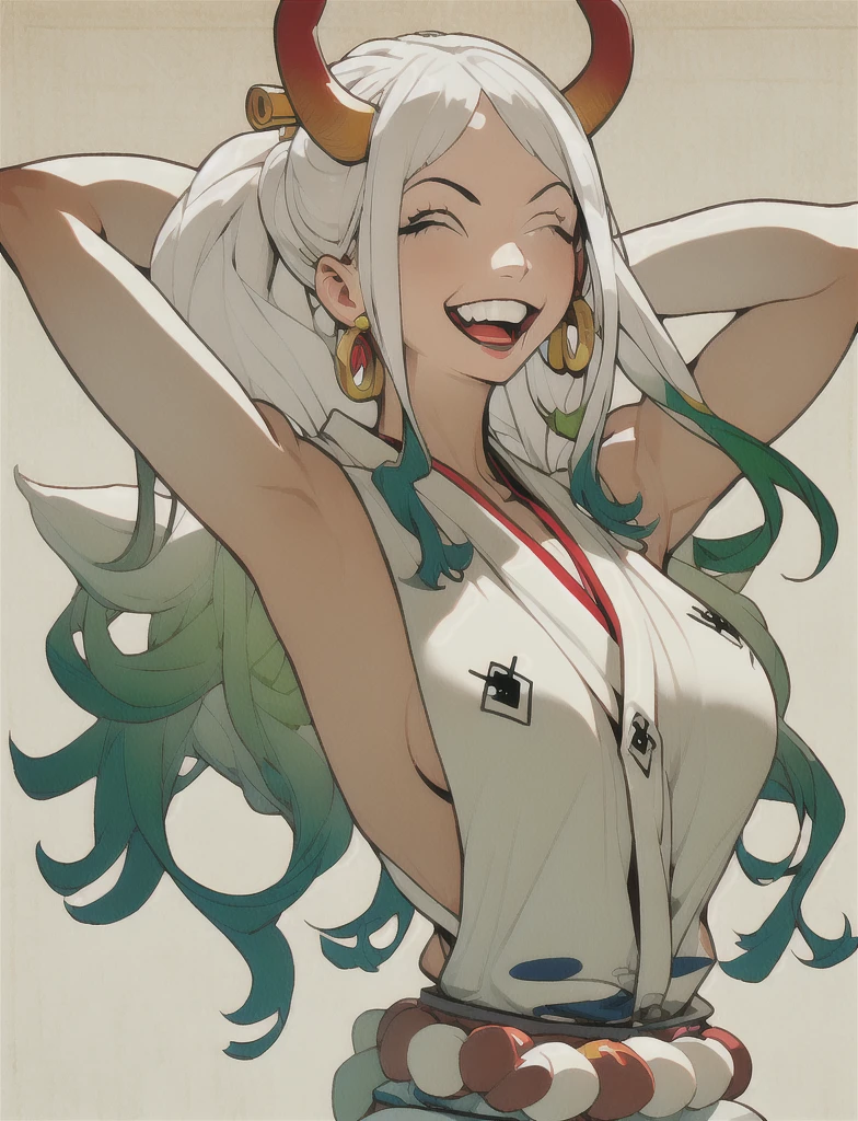 Yamato  rope, :d, shimenawa, white hair, earrings, japanese clothes, 1girl, smile, open mouth, armpits, sleeveless, multicolored hair, closed eyes, bare shoulders, upper body, solo, horns, arms up, sideboob, green hair, sleeveless kimono, long hair, jewelry, large breasts