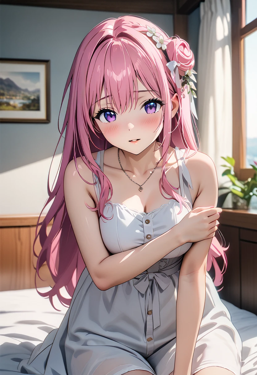 (Highest quality, 4K, 8k, High resolution, masterpiece:1.2), Very detailed, Picturesque, Anime style photo, Photo Anime:1.37)、a beautiful girl、(pink hair)、(long  hair)、white lily Hair Ornaments、On the bed、Doroty