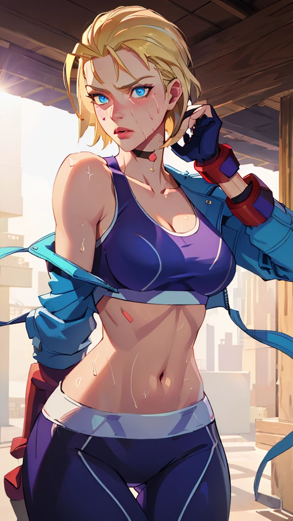 ((((masterpiece, best quality, high resolution)))), Extremely detailed 8K, 1 female, (Cammy White) wearing her Cammy White outfit, (Ultra HD, Ultra-detailed, Highly detailed, Highly realistic, Ultra-realistic, photograph realistic), (1girl:1.5), (Realistic short blond hair), (dynamic poses), facing at camera, looking at viewer, (a serious focus face), (regular blue eyes, sharp eyes), (perky breasts:1.2), (beautiful detailed face, beautiful detailed eyes), ((slightly sweating)), (preparing for a workout), sweat, glow, (sunbeam, sunlight), ((cowboy shot)), streets background, seductive, EnvyBetterHands LoCon,