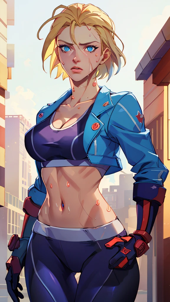 ((((masterpiece, best quality, high resolution)))), Extremely detailed 8K, 1 female, (Cammy White) wearing her Cammy White outfit, (Ultra HD, Ultra-detailed, Highly detailed, Highly realistic, Ultra-realistic, photograph realistic), (1girl:1.5), (Realistic short blond hair), (dynamic poses), facing at camera, looking at viewer, (a serious focus face), (regular blue eyes, sharp eyes), (perky breasts:1.2), (beautiful detailed face, beautiful detailed eyes), ((slightly sweating)), (preparing for a workout), sweat, glow, (sunbeam, sunlight), ((cowboy shot)), streets background, seductive, EnvyBetterHands LoCon,