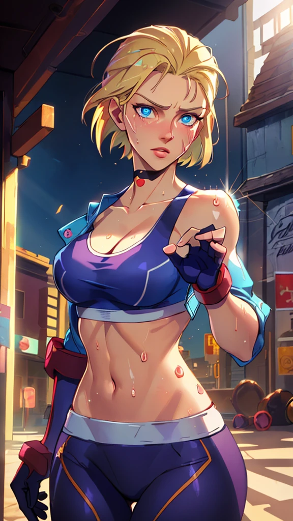 ((((masterpiece, best quality, high resolution)))), Extremely detailed 8K, 1 female, (Cammy White) wearing her Cammy White outfit, (Ultra HD, Ultra-detailed, Highly detailed, Highly realistic, Ultra-realistic, photograph realistic), (1girl:1.5), (Realistic short blond hair), (dynamic poses), facing at camera, looking at viewer, (a serious focus face), (regular blue eyes, sharp eyes), (perky breasts:1.2), (beautiful detailed face, beautiful detailed eyes), ((slightly sweating)), (preparing for a workout), sweat, glow, (sunbeam, sunlight), ((cowboy shot)), streets background, seductive, EnvyBetterHands LoCon,