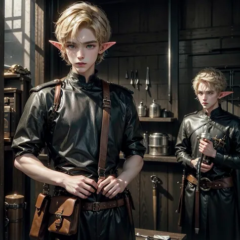 elf, young, man, blond, in a black leather tunic, short hair, a bag in which tools are kept,