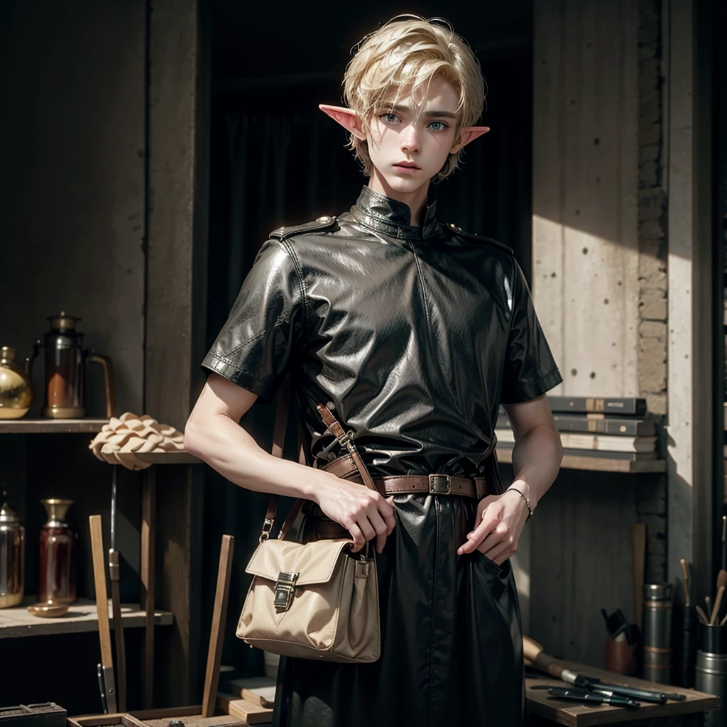 Elf, young, man, blond, in a black leather tunic, short hair, a bag in which tools are kept, 