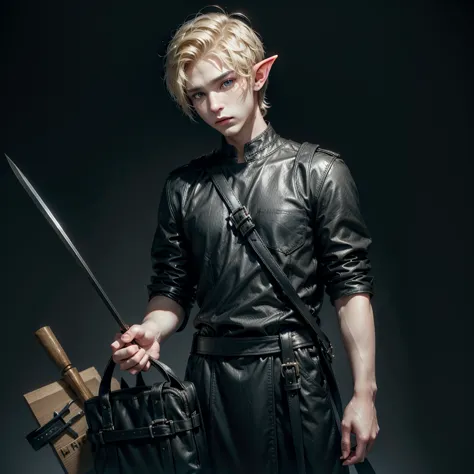 elf, young, man, medium build, blond, in a black matte leather tunic, short hair, a bag in which tools are kept,