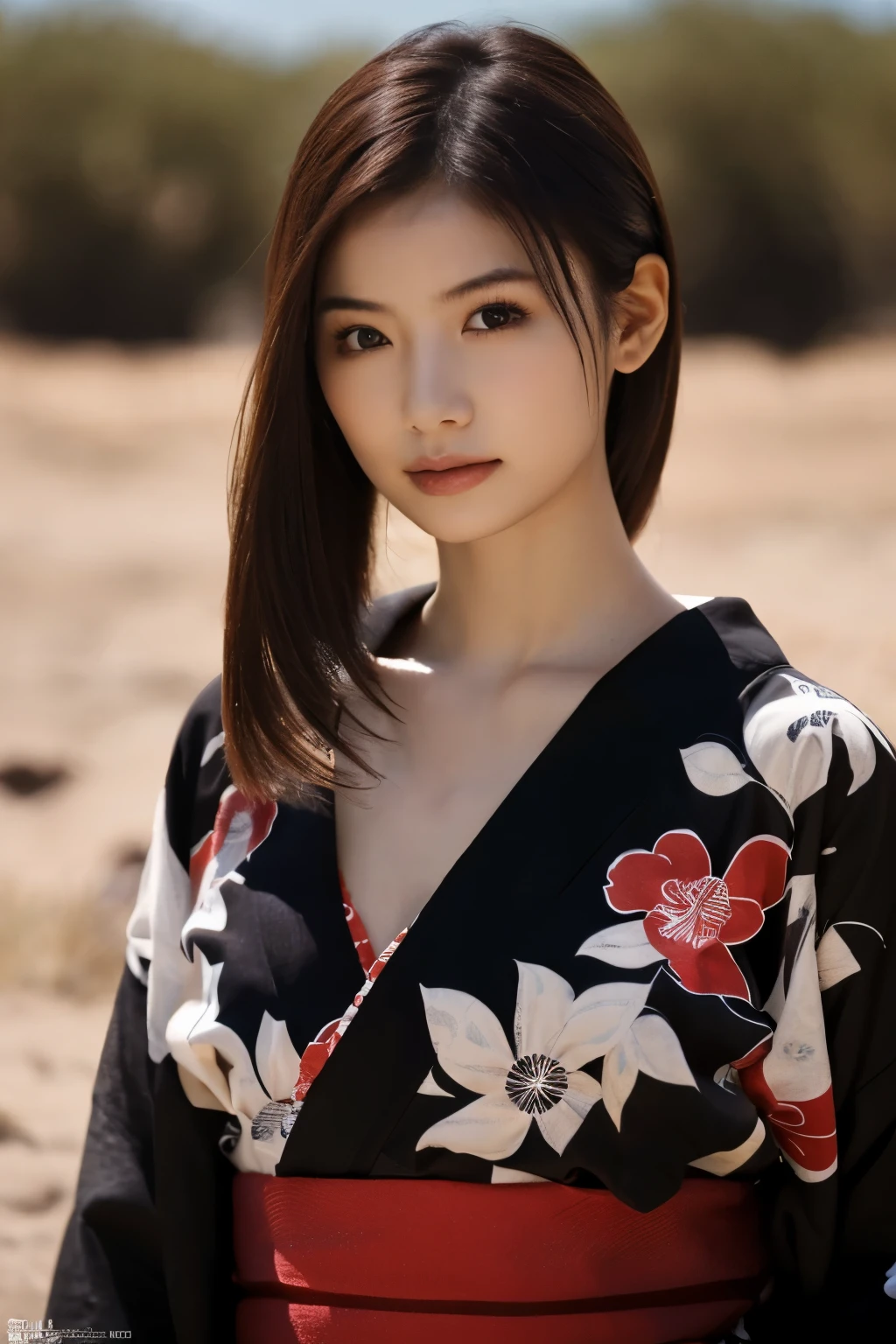 1 girl, (Wear a cute red yukata:1.2), Very beautiful Japanese idol portraits, 
(RAW Photos, Highest quality), (Realistic, Realistic:1.4), (masterpiece), 
Very delicate and beautiful, Very detailed, 2k wallpaper, wonderful, finely, Very detailed CG Unity 8K wallpaper, Very detailed, High resolution, Soft Light, 
Beautiful detailed girl, Very detailed目と顔, Beautiful and sophisticated nose, Beautiful and beautiful eyes, Cinema Lighting, 
(Standing in the desert on a moonlit night:1.3), (Big Moon), (月明かりに浮かぶ少女のwhole bodyのシルエット), (Dark screen:1.5), 
(Medium Hair), (Tie your hair back), (whole body), 
Complete Anatomy, Slender body, Small breasts