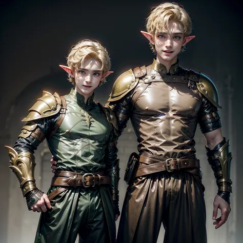 elf, young, man, medium build, blond, in matte leather armor, short hair, belt bag, joyful expression on face