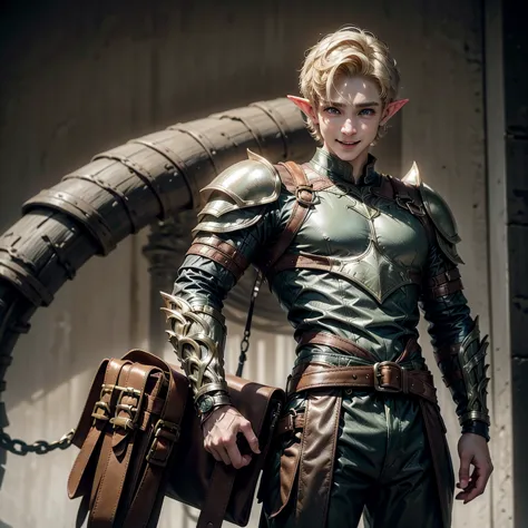 elf, young, man, medium build, blond, in matte leather armor, short hair, belt bag, joyful expression on face