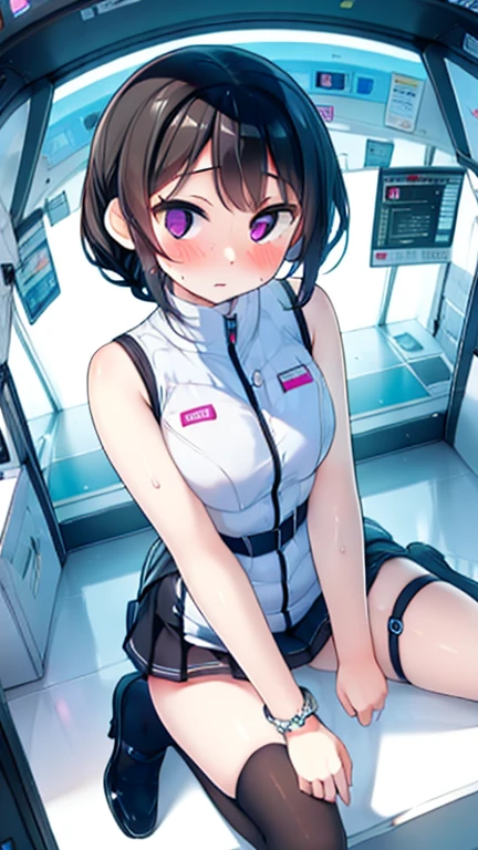 (Highest quality), (masterpiece), 1080P, High resolution, 4K, 8k, Inside the space station、Futuristic room、Thigh straps, Shooting from directly below, The woman on top of me, 白いSweat, Covered , Sweat, Woman looking down, Skirt swimsuit, Thigh-high socks, To achieve this, , , whole body, Black leather shoes, Braided hair, Inner Color, Embarrassed face, Short black hair, bracelet, Bedroom,celestial body_Vest
