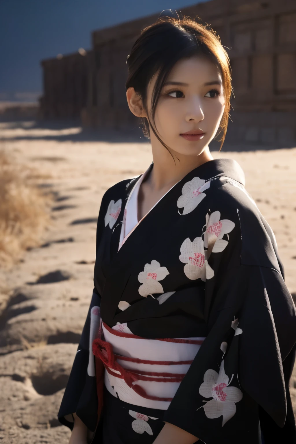 1 girl, (Please wear a cute red yukata...:1.2), Very beautiful Japanese idol portraits, 
(RAW Photos, Highest quality), (Realistic, Realistic:1.4), (masterpiece), 
Very delicate and beautiful, Very detailed, 2k wallpaper, wonderful, finely, Very detailed CG Unity 8K wallpaper, Very detailed, High resolution, Soft Light, 
Beautiful detailed girl, Very detailed目と顔, Beautiful and sophisticated nose, Beautiful and beautiful eyes, Cinema Lighting, 
(Standing in the desert on a moonlit night:1.3), (Big Moon), (月明かりに浮かぶ少女のwhole bodyのシルエット), (Dark screen:1.5), 
(Medium Hair), (Tie your hair back), (whole body), 
Complete Anatomy, Slender body, Small breasts