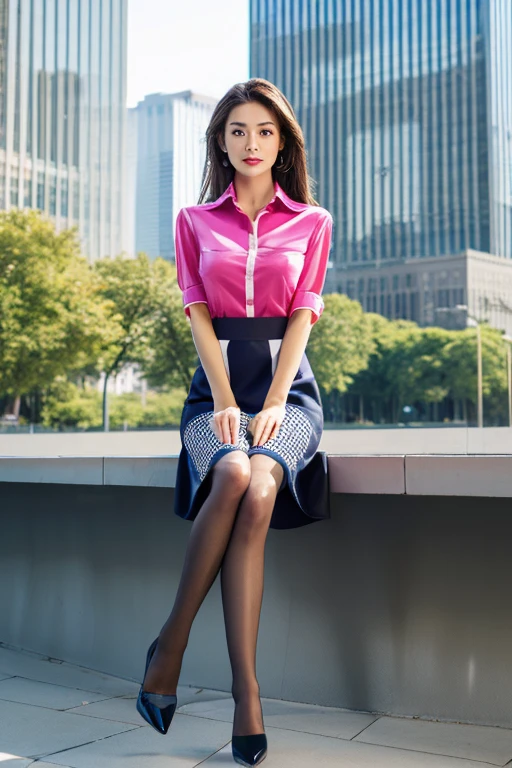 (Colorful collared shirts)、(Midi Skirt:1.2) 、Full Body Portrait、(silk pantyhose)、Sitting、Both legs and high heels look beautiful.、1 girl、Perfect body,Two well-balanced legs、 Perfect hands, (Perfect Face, Perfect Eyes), Accurate,(Perfect Anatomy, Anatomically correct), Perfectly clear and sharp focus、Large Breasts、Modern architecture in the background、((Highest quality、Ultra-high resolution、masterpiece)) 
