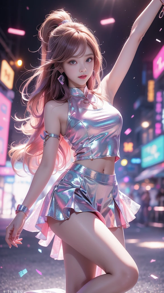 ulzzang-6500-v1.1, (RAW photo: 1.2), (Real photo), (Real photo: 1.4), 1 girl、Perfect anatomy、1、Looking at the camera、Medium length hair、dance white skirt, dancing in a lively disco, under colored lights, (( in the disco night: 1.1))、(Business service)、Asian eyes Ella,