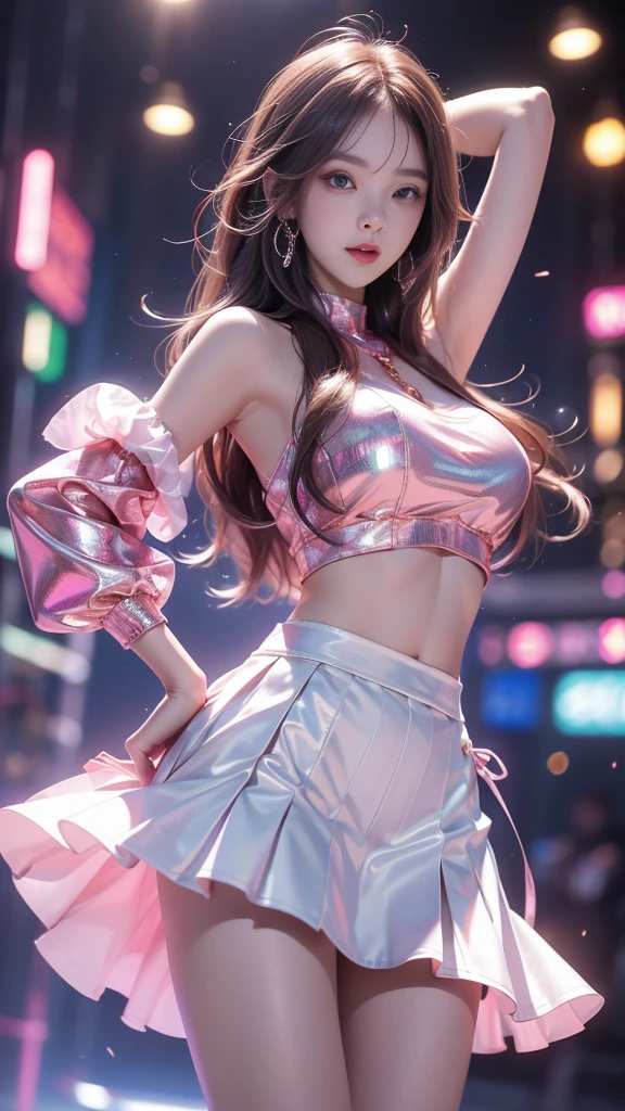 ulzzang-6500-v1.1, (RAW photo: 1.2), (Real photo), (Real photo: 1.4), 1 girl、Perfect anatomy、1、Looking at the camera、Medium length hair、dance white skirt, dancing in a lively disco, under colored lights, (( in the disco night: 1.1))、(Business service)、Asian eyes Ella,