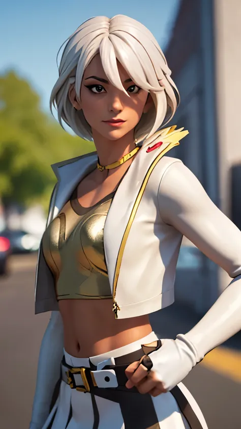 city background, 1girl, solo, heroichopefn, heroic hope from fortnite, (crop top, gold top, open clothes), (jacket crop top, whi...