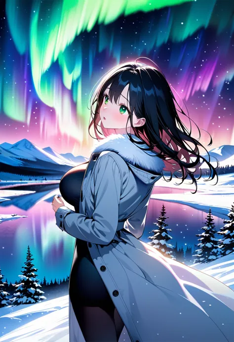 anime girl with long hair standing in front of a lake and aurora lights, anime style 4 k, 4 k manga wallpaper, 4k anime wallpape...