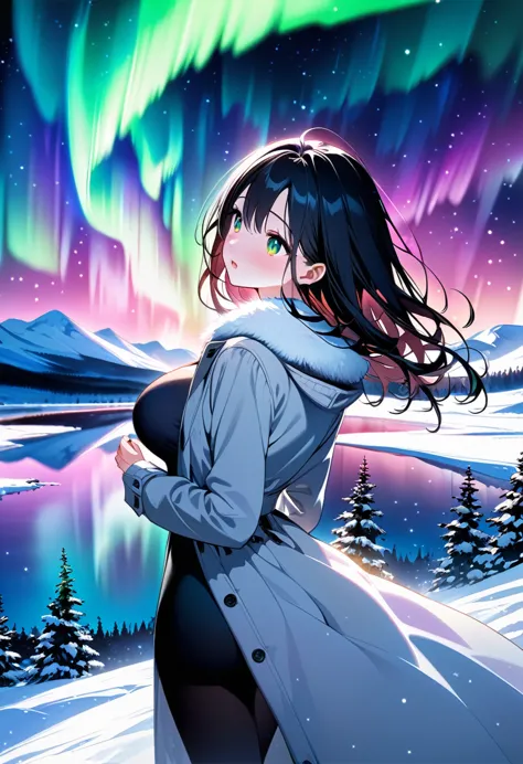 anime girl with long hair standing in front of a lake and aurora lights, anime style 4 k, 4 k manga wallpaper, 4k anime wallpape...