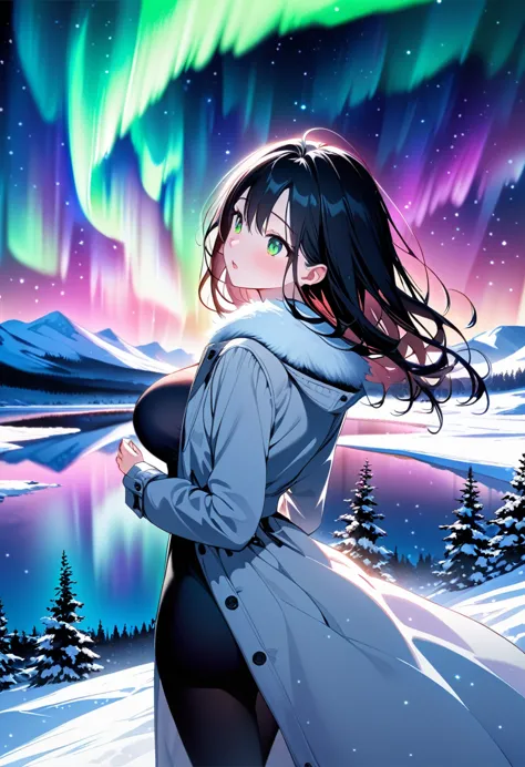 anime girl with long hair standing in front of a lake and aurora lights, anime style 4 k, 4 k manga wallpaper, 4k anime wallpape...