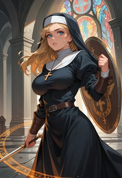 female, nun, warrior, blonde, blue eyes, large breasts, lance, shield, holy magic, magic circle, cinematic