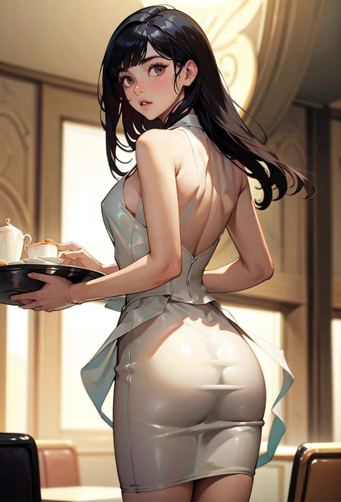 perfect eyes:1.2, detailed eyes:1.4, m0n1c4b-v2, long hair, black hair, brown eyes, from behind, ass, looking back, restaurant, dr3ss, white dress, bare shoulders, latex, breasts, medium full shot, thigh-level shot, 1girl, solo, (masterpiece:1.6, best quality),