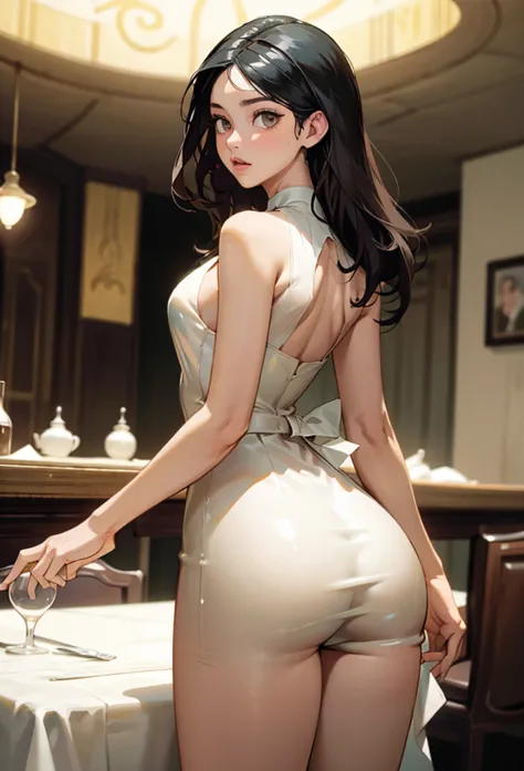 perfect eyes:1.2, detailed eyes:1.4, m0n1c4b-v2, long hair, black hair, brown eyes, from behind, ass, looking back, restaurant, ...