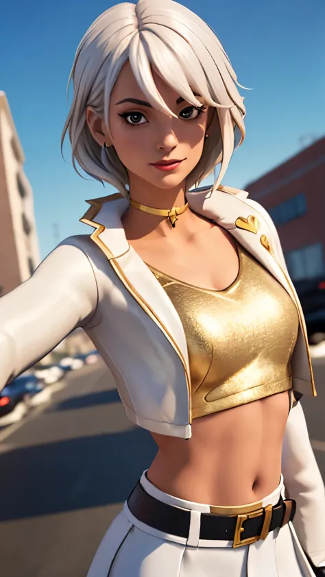 city background, 1girl, solo, aphroditefn, aphrodite from fortnite, (crop top, gold top, open clothes), (jacket crop top, white ...