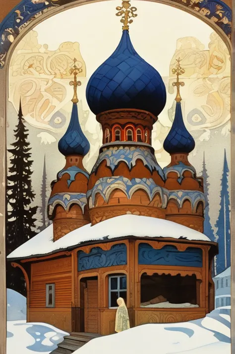 ivan bilibin style - illustration of a traditional russian izba (cottage) in the style of mikhail vrubel, incorporating the comp...