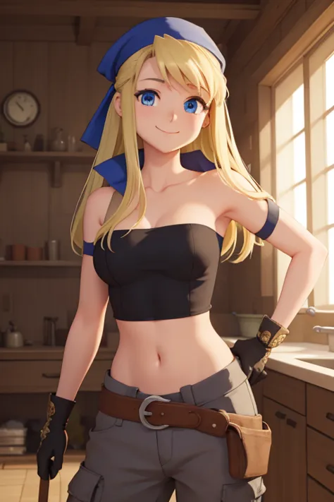 winryrockbell, winry rockbell, blue eyes, blonde hair, break gloves, navel, cleavage, bare shoulders, collarbone, earrings, midr...