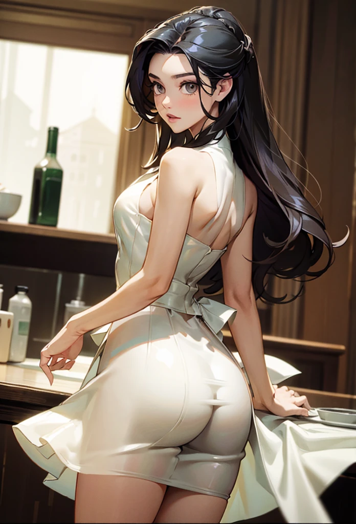 perfect eyes:1.2, detailed eyes:1.4, m0n1c4b-v2, long hair, hair pulled back, forehead, black hair, brown eyes, from behind, ass, looking back, restaurant, dr3ss, white dress, bare shoulders, latex, breasts, medium full shot, thigh-level shot, 1girl, solo, (masterpiece:1.6, best quality),