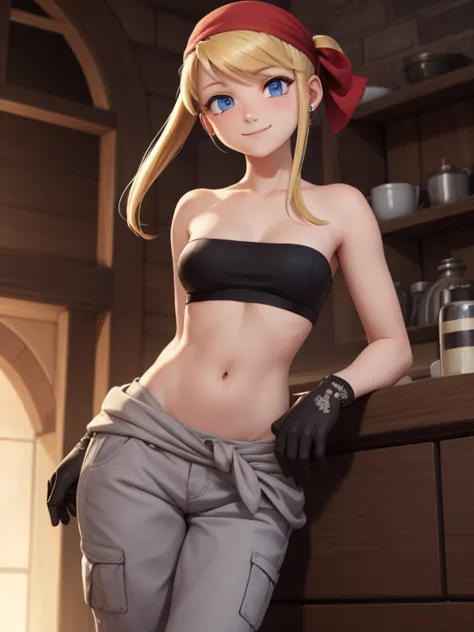 winryrockbell, winry rockbell, blue eyes, blonde hair, break gloves, navel, cleavage, bare shoulders, collarbone, earrings, midr...