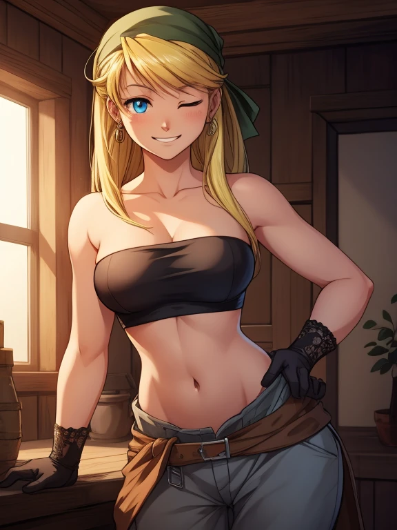 winryrockbell, winry rockbell, blue eyes, blonde hair, BREAK gloves, navel, cleavage, bare shoulders, collarbone, earrings, midriff, pants, stomach, bare arms, strapless, bandana, bandeau, tube top, grey gloves,BREAK smiling, teeth, one eye closed BREAK holding a wench BREAK indoors, BREAK looking at viewer, BREAK (masterpiece:1.2), best quality, high resolution, unity 8k wallpaper, (illustration:0.8), (beautiful detailed eyes:1.6), extremely detailed face, perfect lighting, extremely detailed CG, (perfect hands, perfect anatomy),
