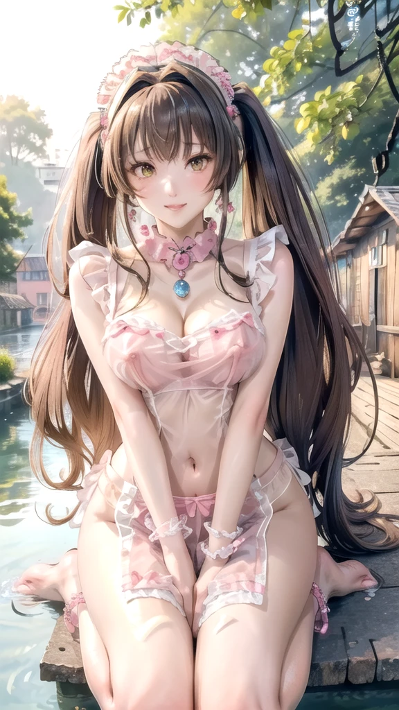 (((masterpiece, ultra HD, 8K quality))), (((clear and bright image))), anime, 1 woman, (((beautiful woman))), (((shining Brown Straight Long Hair, Pony tail, bangs bangs))), (((shining attractive eyes))), ((((beautiful Yellow eyes))))), (((eye highlights))), ((very long eyelashes, pale pink lips)), (((very large breasts))), cleavage, (((Bold and sexy poses))), looking at the viewer, navel, (((Beautiful smile))), water, thighs, bare shoulders, front tie top, arm support, narrow, ((((Pink see-through love uniform, maid headdress))), bare feet, collarbone, neck ribbon, halter neck, water's edge, Earrings, necklaces, bangles, rings, anklets, (((Water Cottage in the background)))
