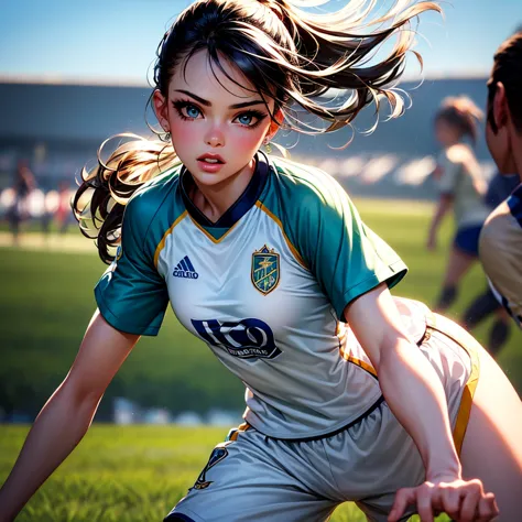 a girl with soccer shirt, beautiful detailed eyes, beautiful detailed lips, extremely detailed face, long eyelashes, beautiful g...