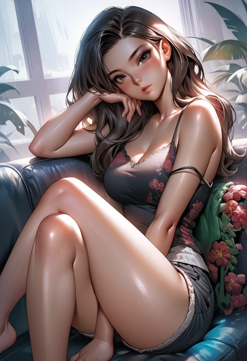 masterpiece, best quality, RAR, 1girl, solo, long hair, breasts, looking at viewer, blush, brown hair, black hair, bare shoulders, sitting, thighs, parted lips, shorts, sleeveless, indoors, blurry, lips, head tilt, short shorts, bare arms, feet out of frame, bare legs, floral print, knees up, couch, camisole, on couch, black camisole
