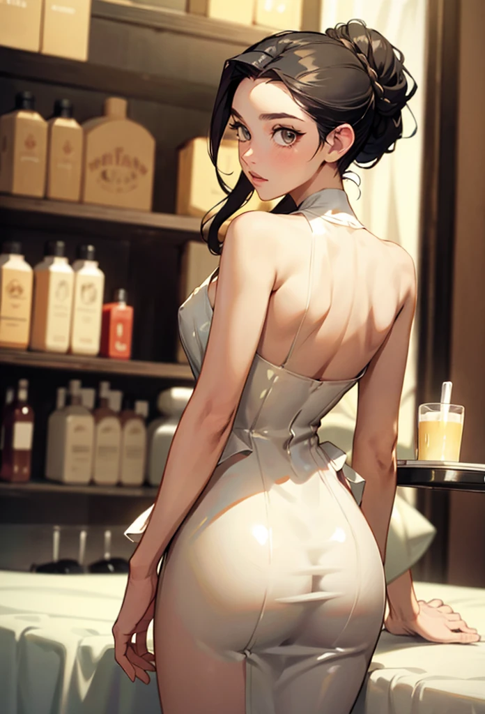 perfect eyes:1.2, detailed eyes:1.4, m0n1c4b-v2, very long hair, no blunt, hair pulled back, forehead, black hair, brown eyes, from behind, ass, looking back, restaurant, dr3ss, white dress, bare shoulders, latex, breasts, medium full shot, thigh-level shot, 1girl, solo, (masterpiece:1.6, best quality),