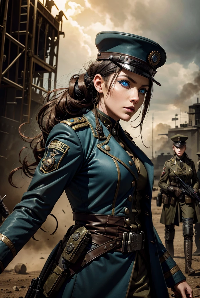 
a woman in a steampunk military uniform in a battlefield with some unusual and surreal soldiers nearby,dynamic, High Resolution, Accurate, Best Quality, High Details, Super Detailed, Blue eyes, Makeup, Surprised, From Side, 